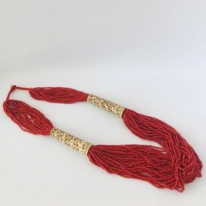 Vintage Long red seed & carved bone bead necklace